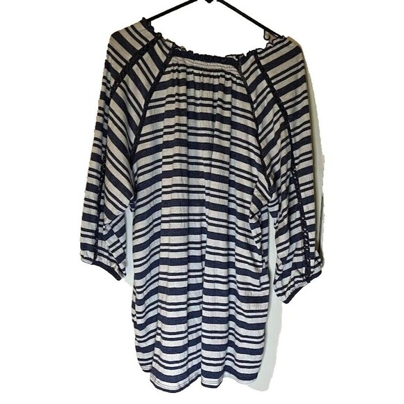 French Laundry Boho White/Blue Stripe 3/4 Sleeve Beaded Tie Peasant Blouse SZ 3X - Picture 2 of 5